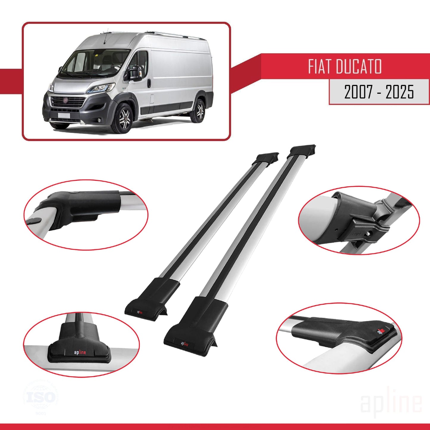 Compatible avec Fiat Ducato 3 2007-2025 FLY Model Barres de Toit Railing Porte-Bagages de Voiture Gris Aluminium 2 Barres