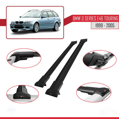 Compatible avec BMW Série 3 (E46) Touring 1999-2005 FLY Model Barres de Toit Railing Porte-Bagages de Voiture Noir Aluminium 2 Barres