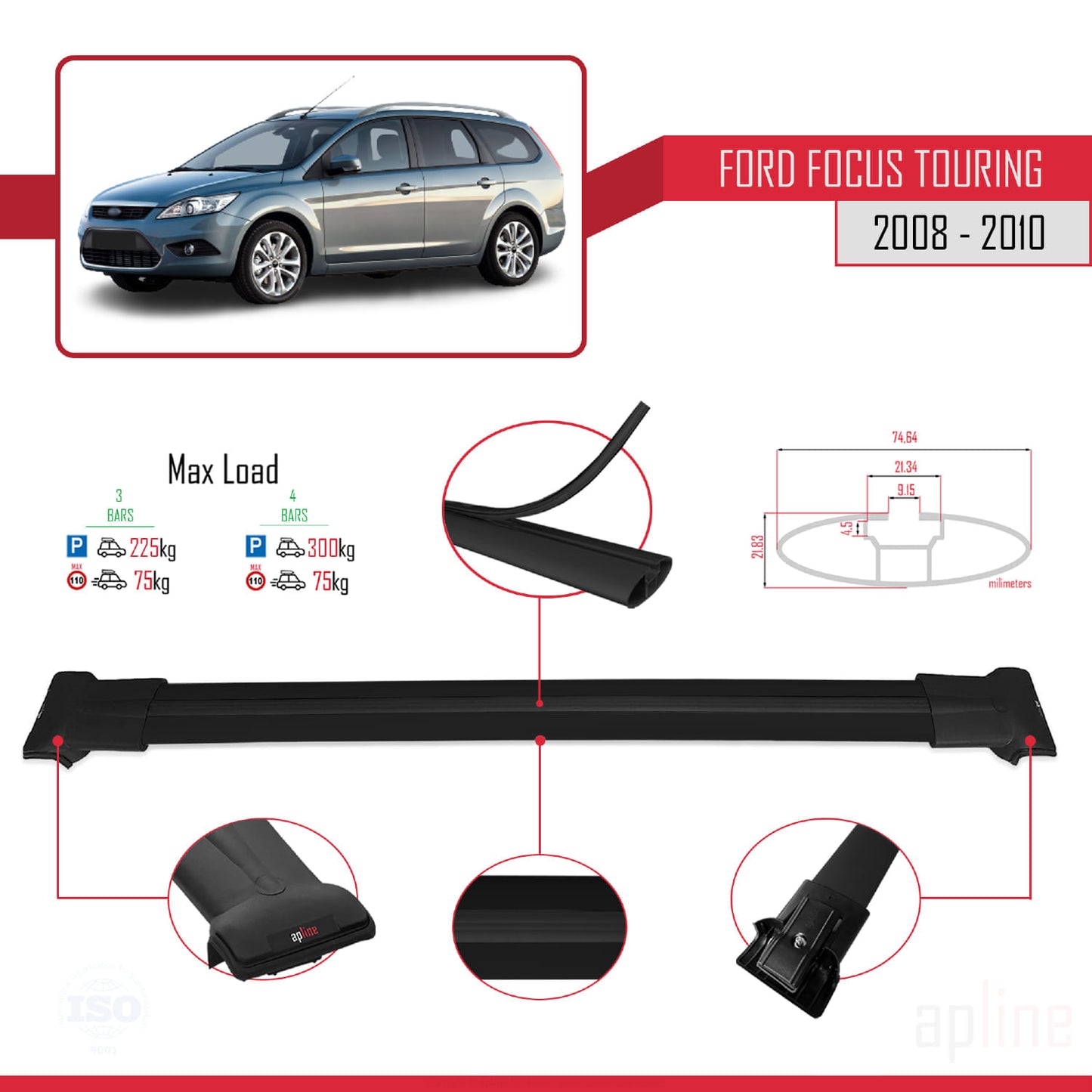 Compatible avec Ford Focus 2 (C307) Turnier 2008-2010 FLY Model Barres de Toit Railing Porte-Bagages de Voiture Noir Aluminium 3 Barres