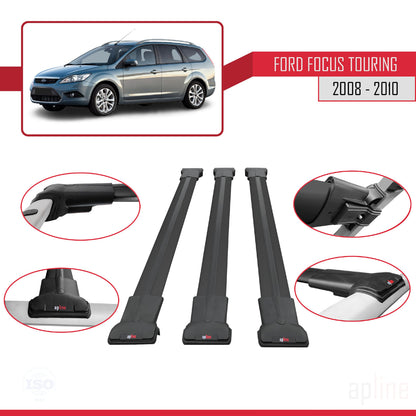 Compatible avec Ford Focus 2 (C307) Turnier 2008-2010 FLY Model Barres de Toit Railing Porte-Bagages de Voiture Noir Aluminium 3 Barres