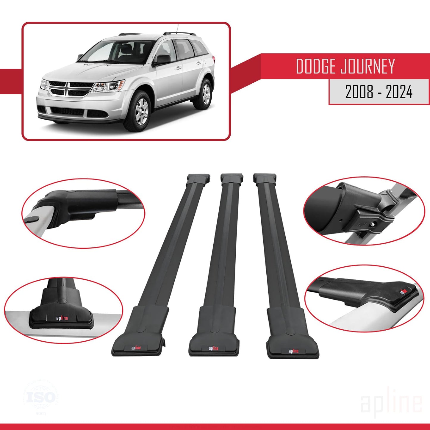 Compatible avec Dodge Journey 2008-2024 FLY Model Barres de Toit Railing Porte-Bagages de Voiture Noir Aluminium 3 Barres