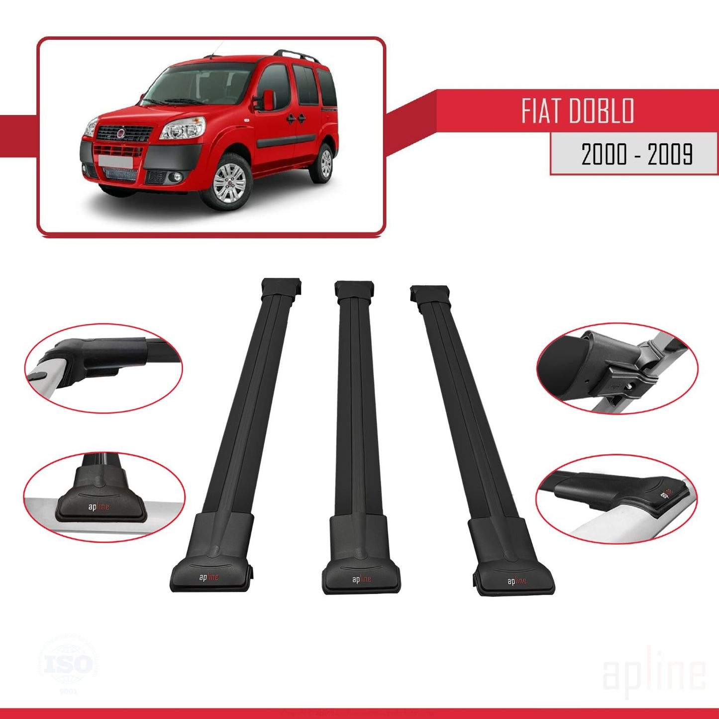 Compatible avec Fiat Doblo 2000-2009 V2 FLY Model Barres de Toit Railing Porte-Bagages de Voiture Noir Aluminium 3 Barres