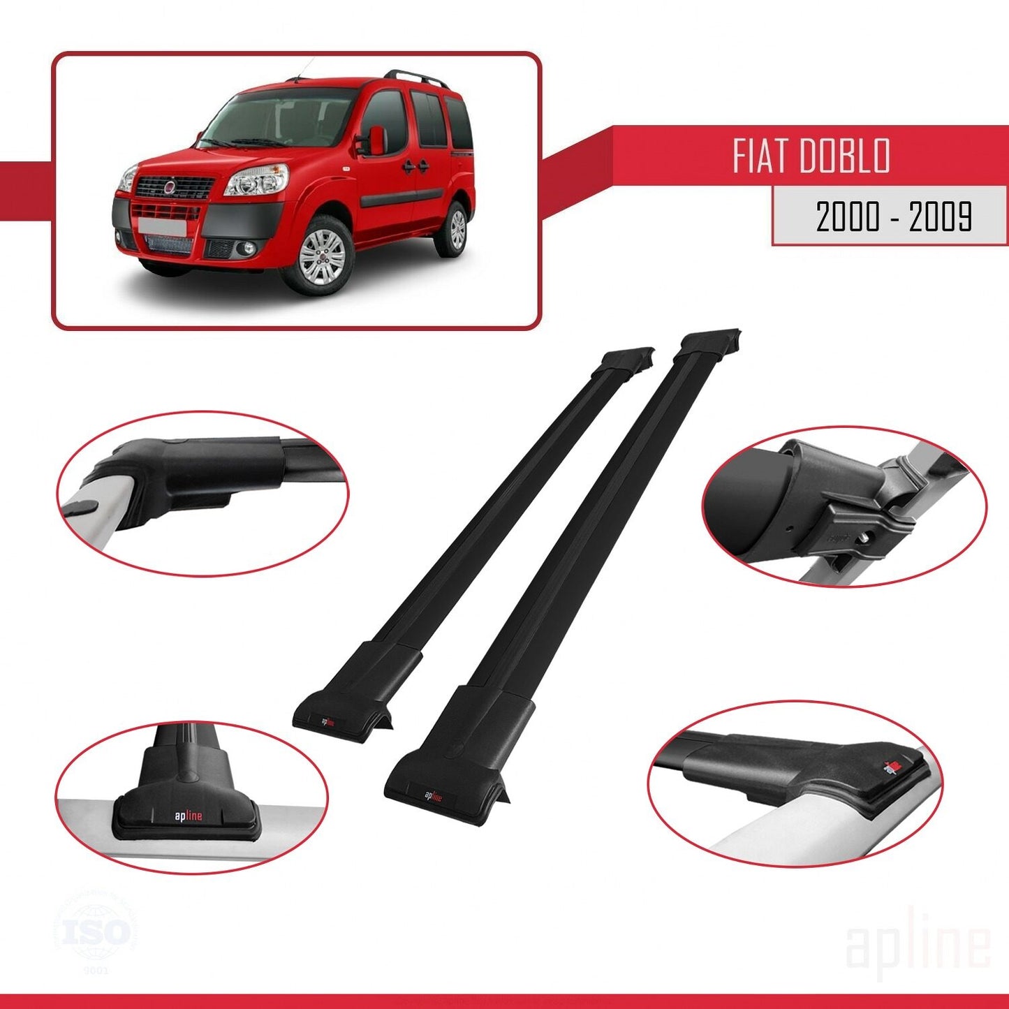 Compatible avec Fiat Doblo 2000-2009 FLY Model Barres de Toit Railing Porte-Bagages de Voiture Noir Aluminium 2 Barres
