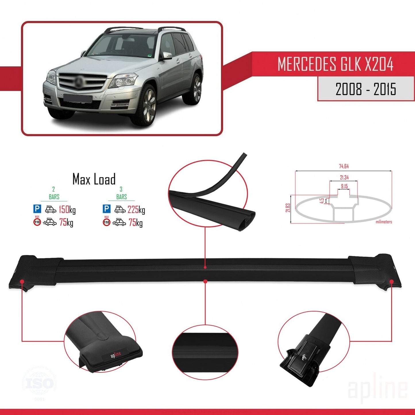 Compatible avec Mercedes Classe GLK (X204) 2008-2015 FLY Model Barres de Toit Railing Porte-Bagages de Voiture Noir Aluminium 2 Barres