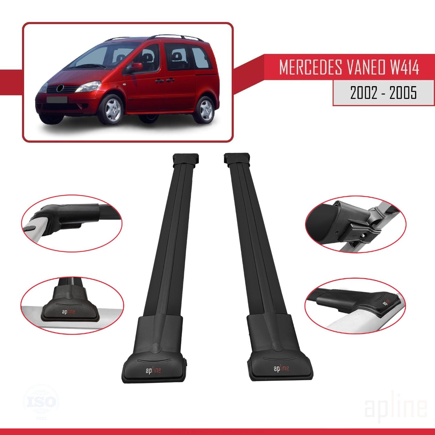 Compatible avec Mercedes Vaneo (W414) 2002-2005 FLY Model Barres de Toit Railing Porte-Bagages de Voiture Noir Aluminium 2 Barres