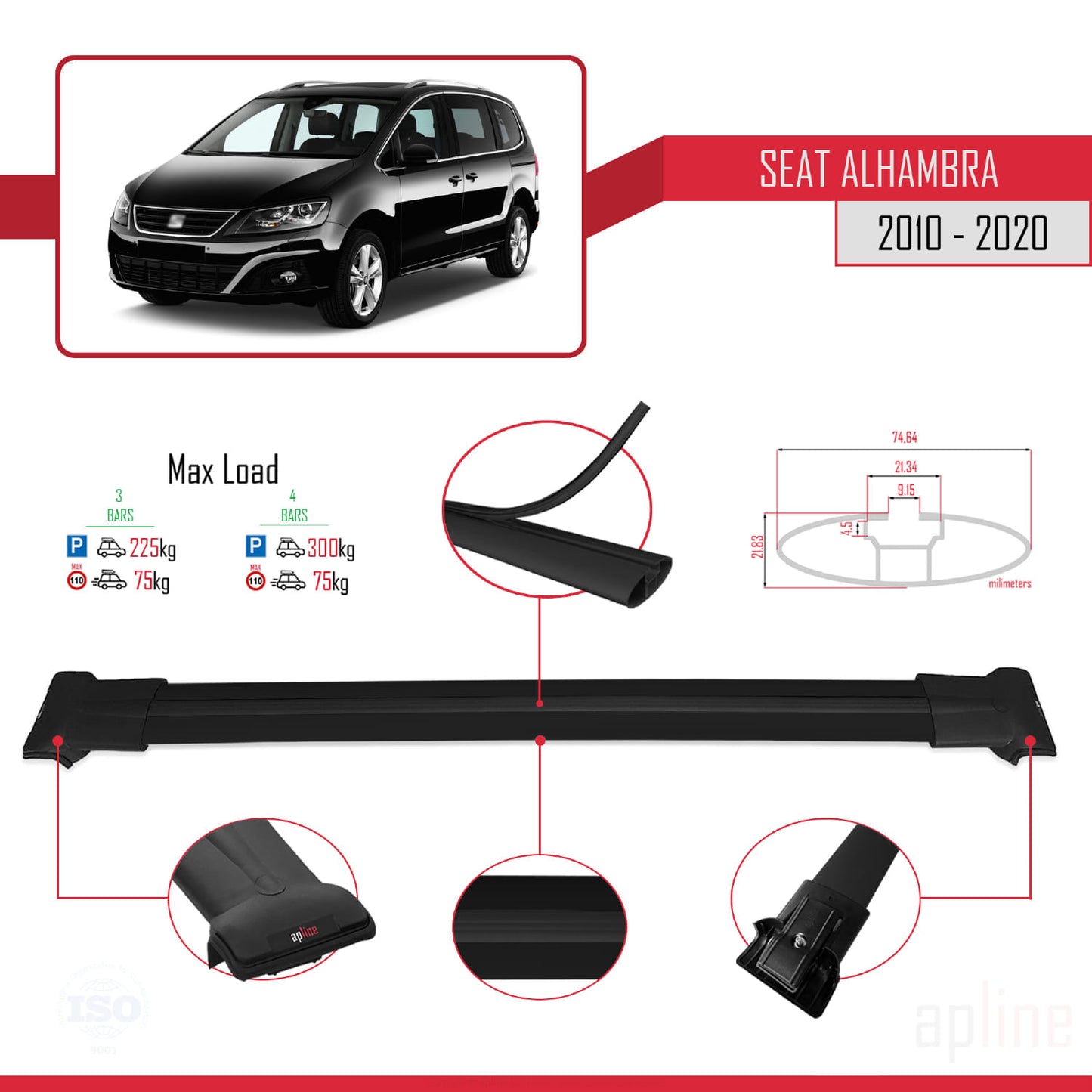 Compatible avec Seat Alhambra 2 (7N) 2010-2020 FLY Model Barres de Toit Railing Porte-Bagages de Voiture Noir Aluminium 3 Barres