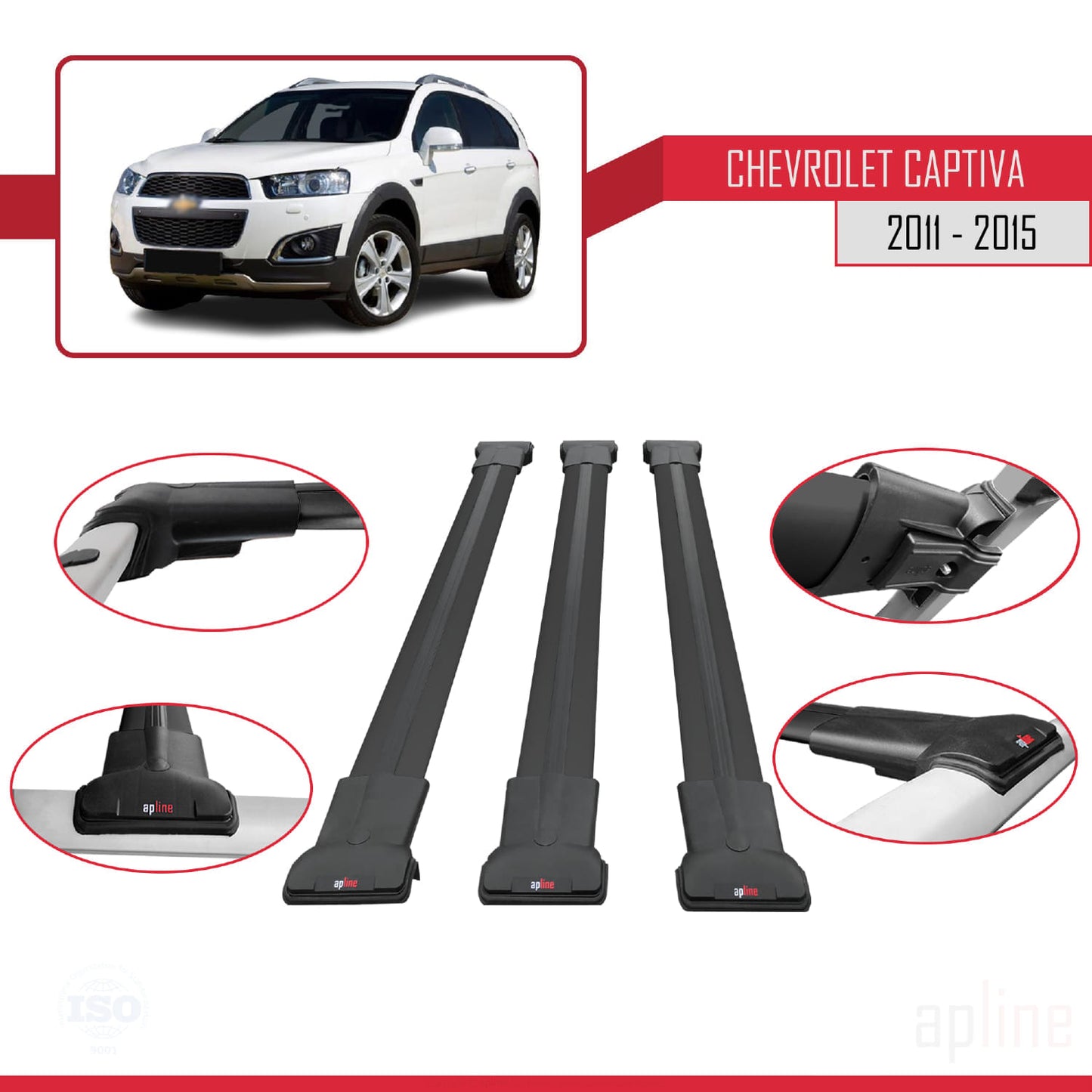 Compatible avec Chevrolet Captiva 2011-2015 FLY Model Barres de Toit Railing Porte-Bagages de Voiture Noir Aluminium 3 Barres