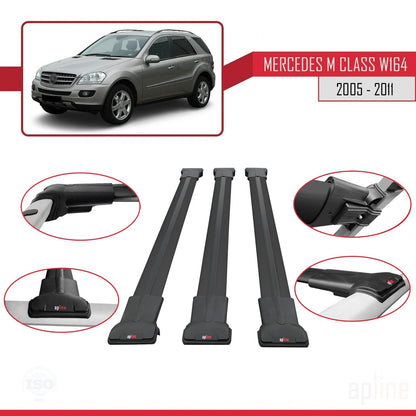 Compatible avec Mercedes Classe M 2 (W164) 2005-2011 FLY Model Barres de Toit Railing Porte-Bagages de Voiture Noir Aluminium 3 Barres