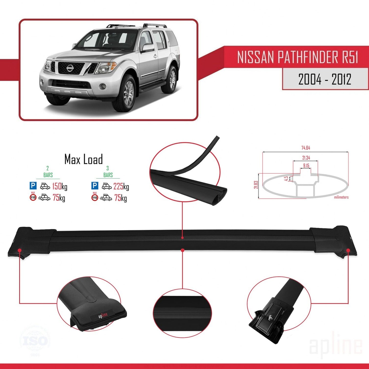 Compatible avec Nissan Pathfinder 3 (R51) 2004-2012 FLY Model Barres de Toit Railing Porte-Bagages de Voiture Noir Aluminium 2 Barres