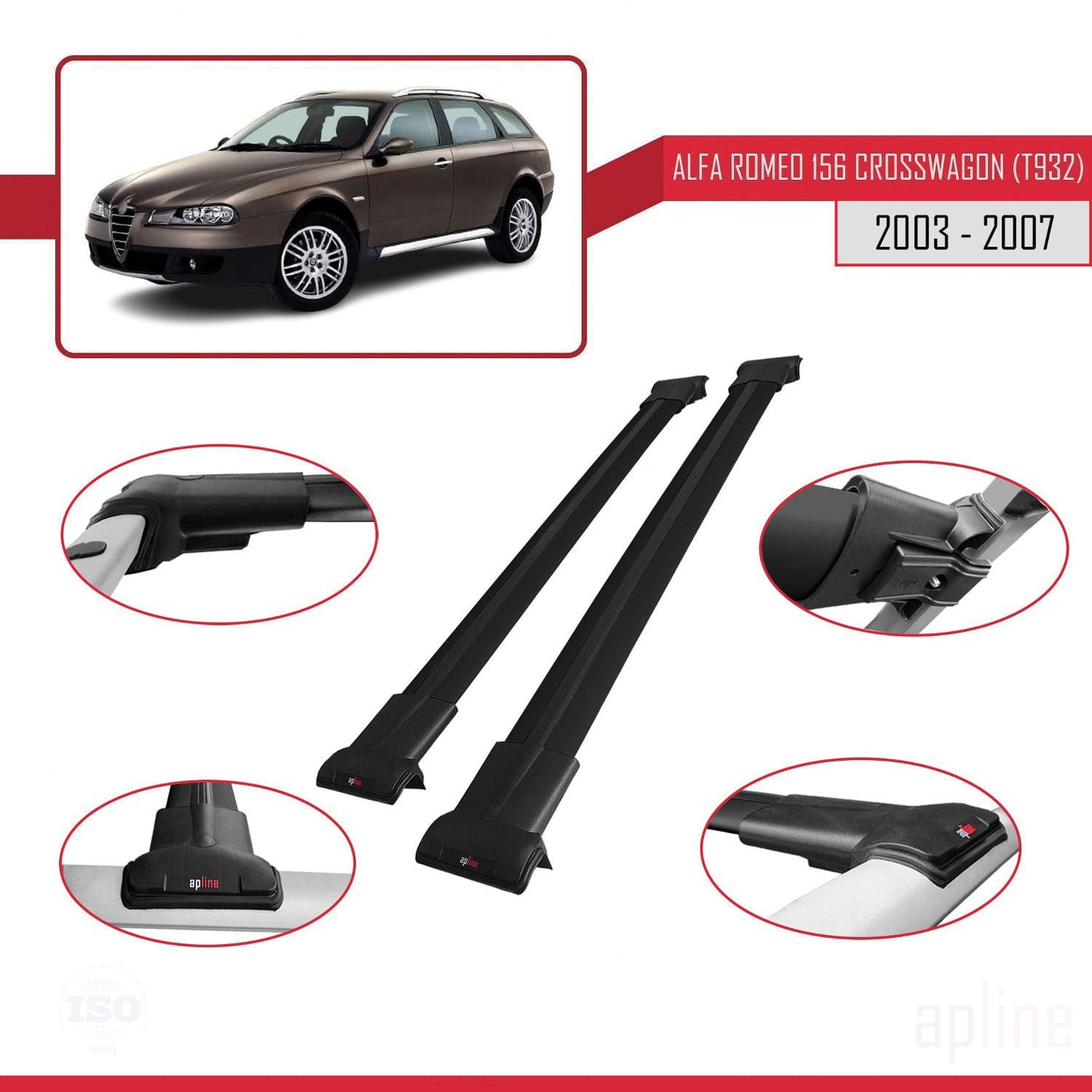 Compatible avec Alfa Romeo 156 (T932) Crosswagon 2003-2007 FLY Model Barres de Toit Railing Porte-Bagages de Voiture Noir Aluminium 2 Barres