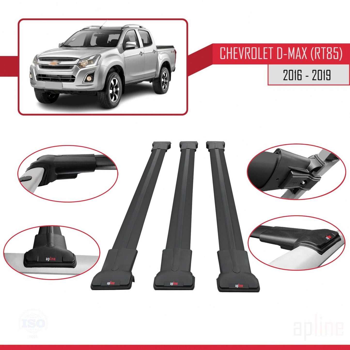 Compatible avec Chevrolet D-Max (RT85) 2016-2019 FLY Model Barres de Toit Railing Porte-Bagages de Voiture Noir Aluminium 3 Barres