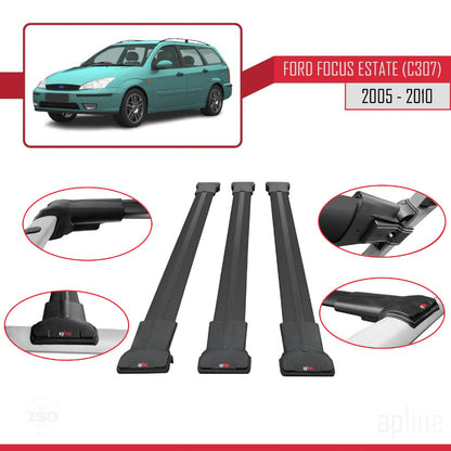 Compatible avec Ford Focus 2 (C307) Break 2005-2010 FLY Model Barres de Toit Railing Porte-Bagages de Voiture Noir Aluminium 3 Barres