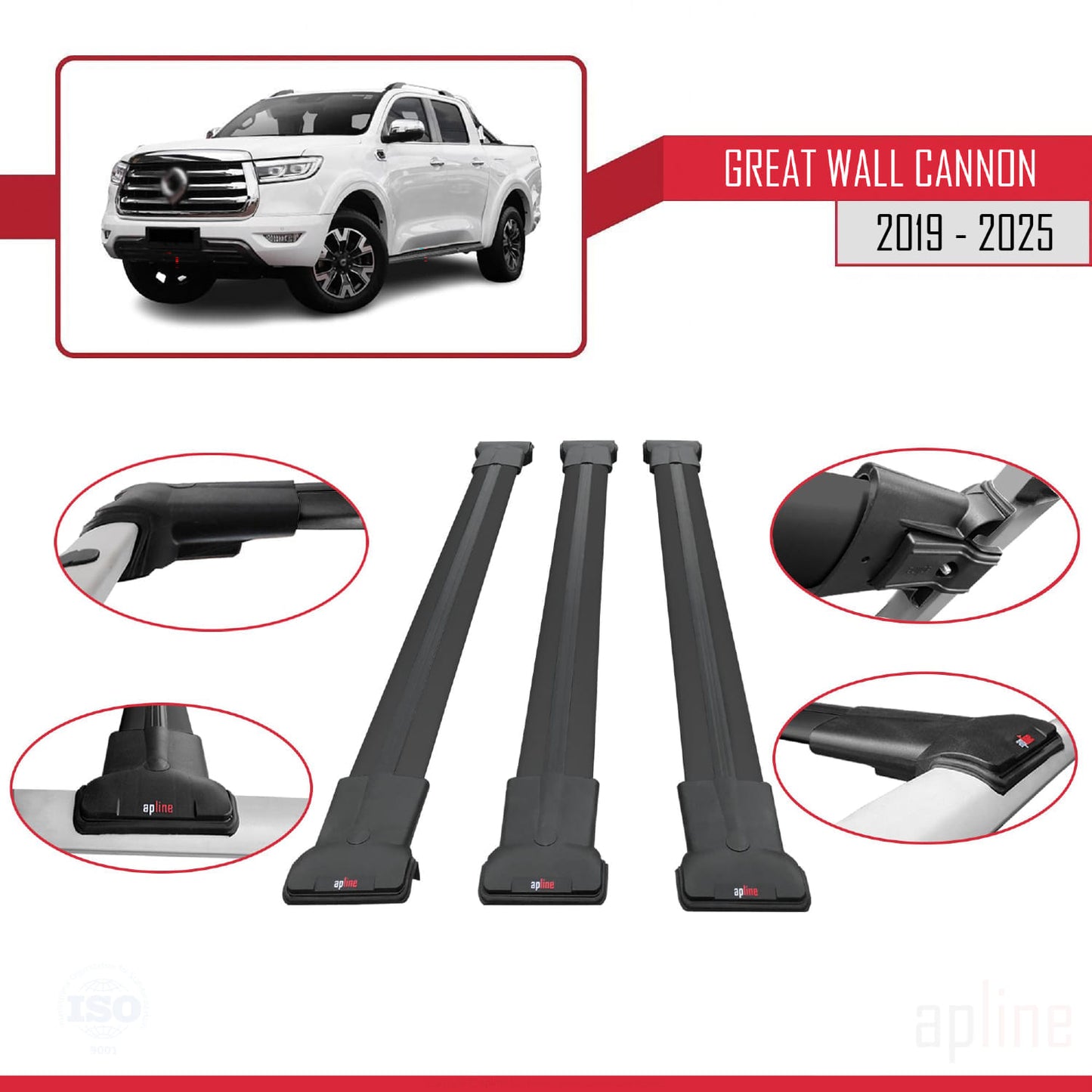 Compatible with Great Wall Cannon 2019-2025 FLY Model Car Roof Rack Cross Bar Black Aluminium 3 Bars