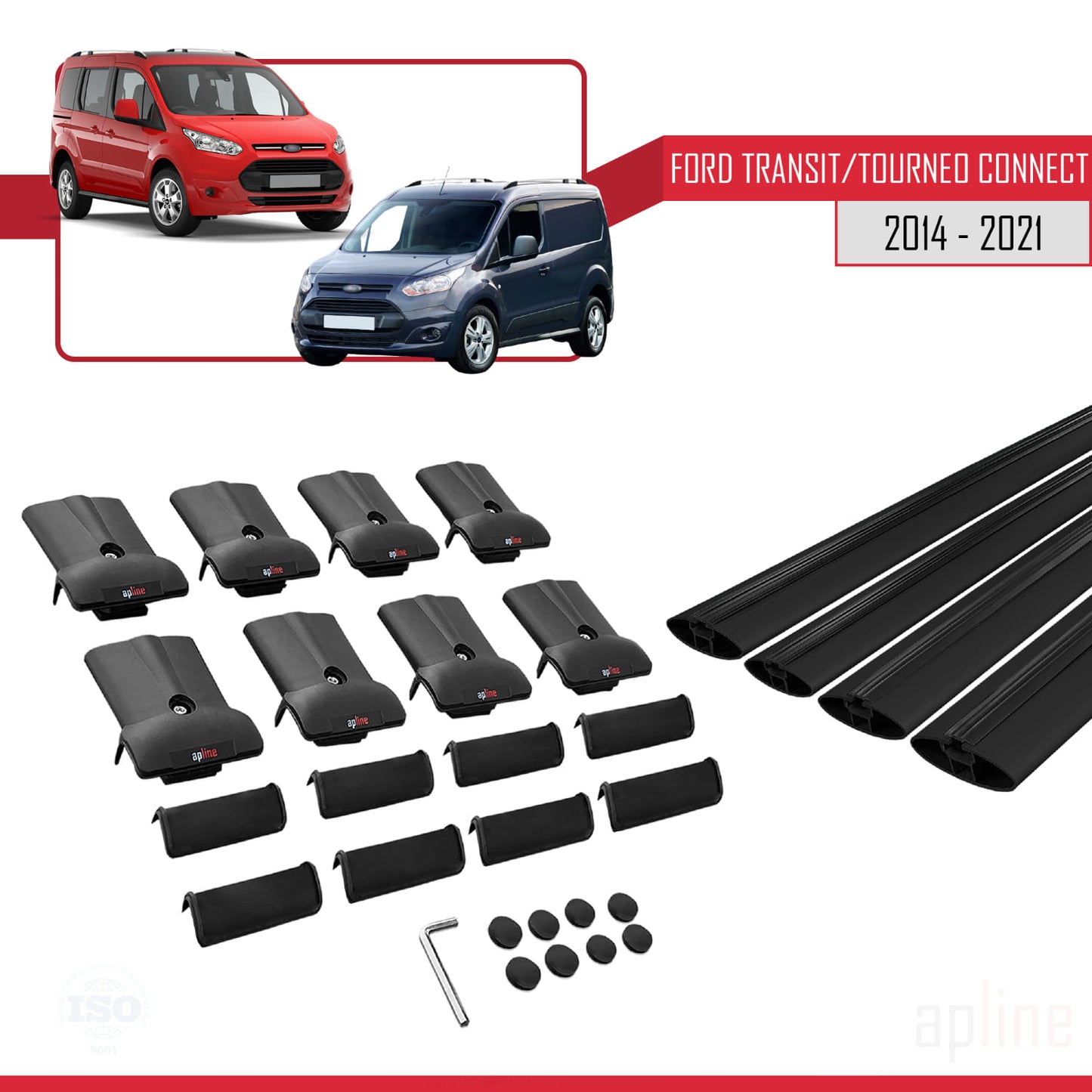 Compatible avec Ford Transit/Tourneo Connect 2 2014-2021 FLY Model Barres de Toit Railing Porte-Bagages de Voiture Noir Aluminium 4 Barres