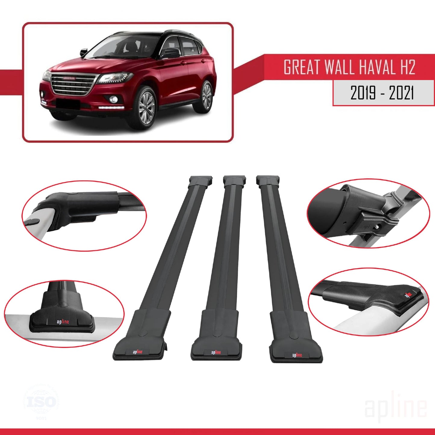 Compatible with Great Wall Haval H2 2019-2021 FLY Model Car Roof Rack Cross Bar Black Aluminium 3 Bars