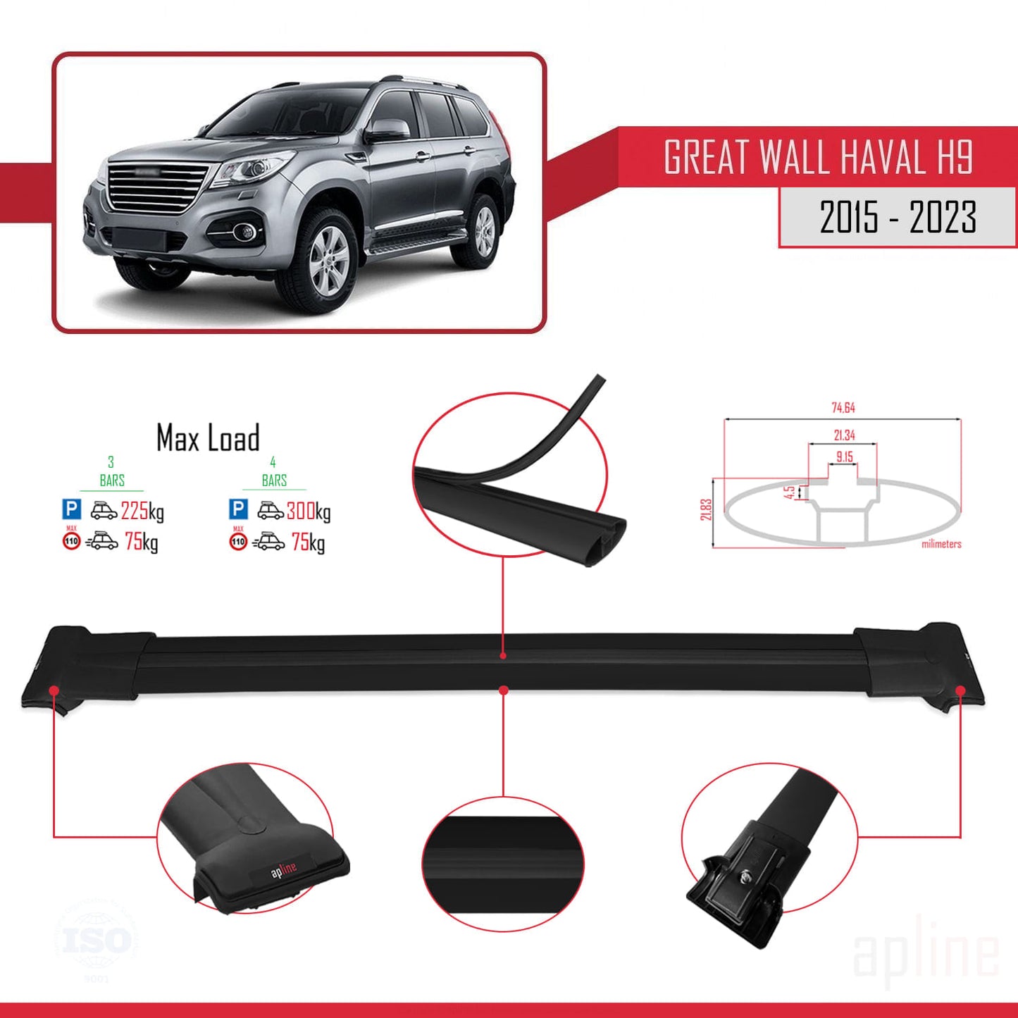 Compatible with Great Wall Haval H9 2015-2023 FLY Model Car Roof Rack Cross Bar Black Aluminium 3 Bars