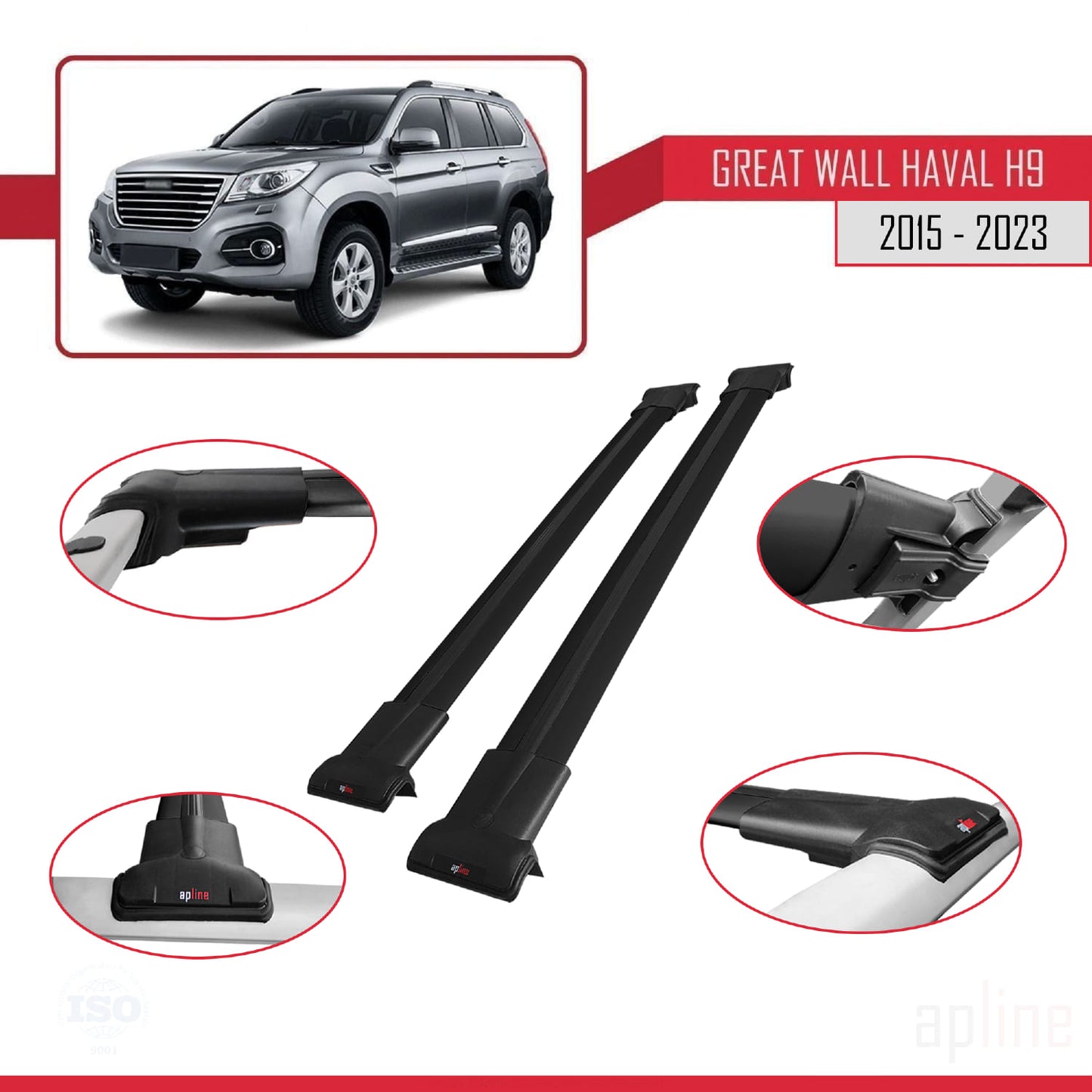 FLY Model Dakdrager bagagedrager compatibel met Great Wall Haval H9 2015-2023 Spoorstaven Zwart Aluminium 2 Staven