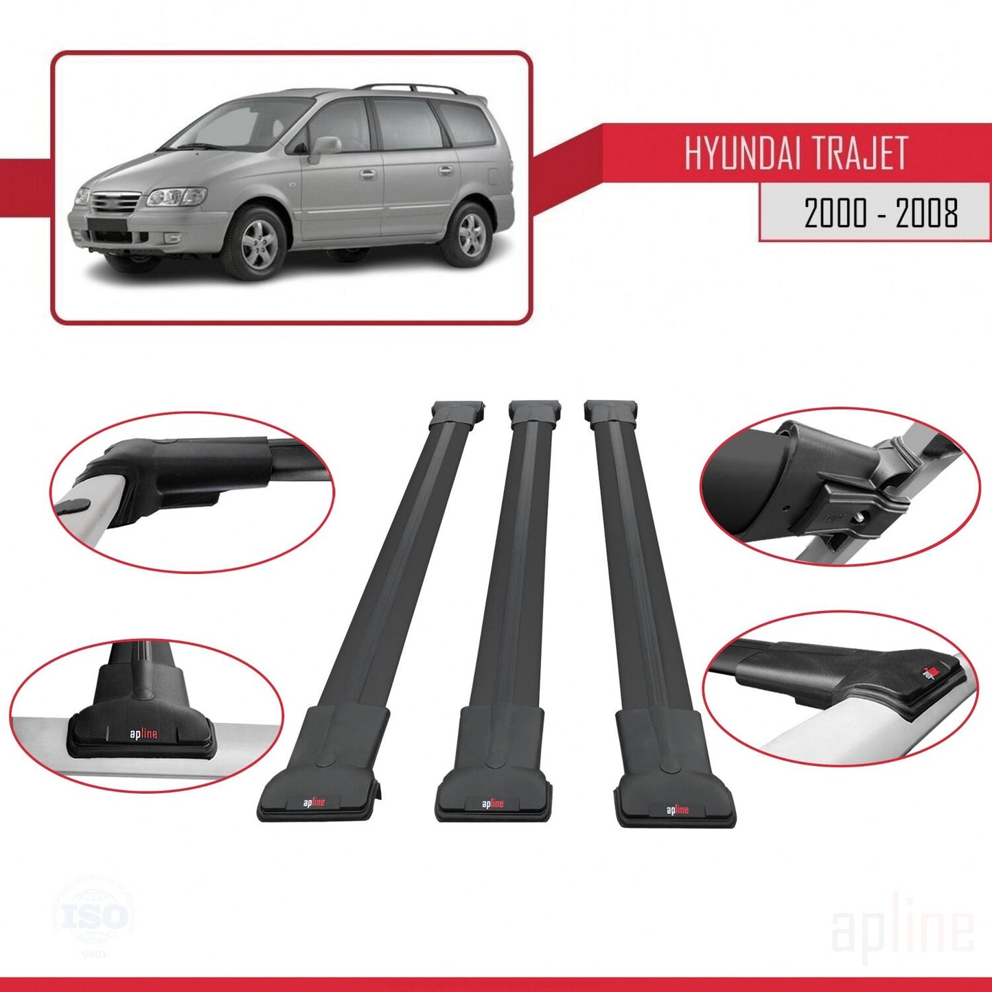 Compatible with Hyundai Trajet 2000-2008 FLY Model Car Roof Rack Cross Bar Black Aluminium 3 Bars