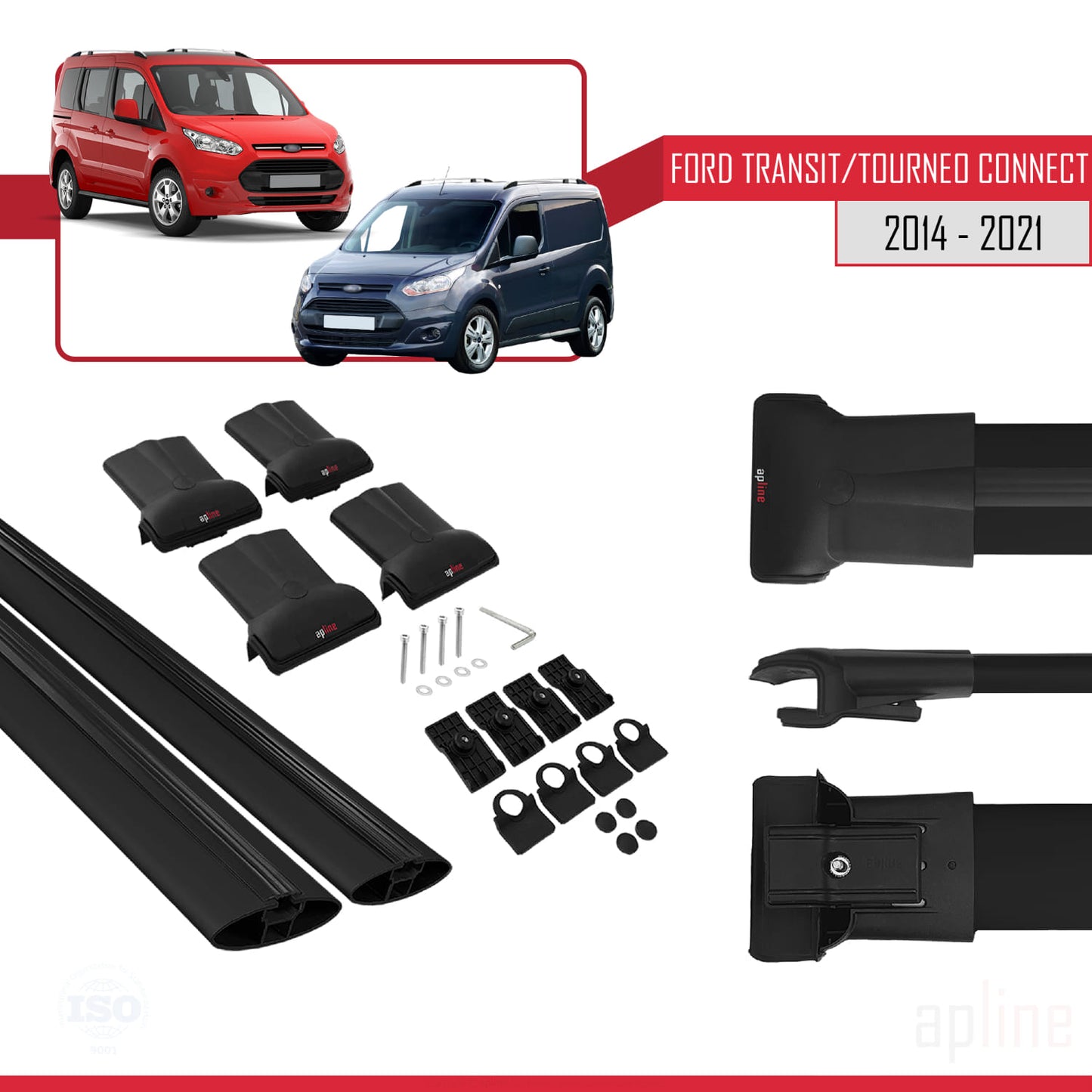 Compatible avec Ford Transit/Tourneo Connect 2 2014-2021 FLY Model Barres de Toit Railing Porte-Bagages de Voiture Noir Aluminium 2 Barres