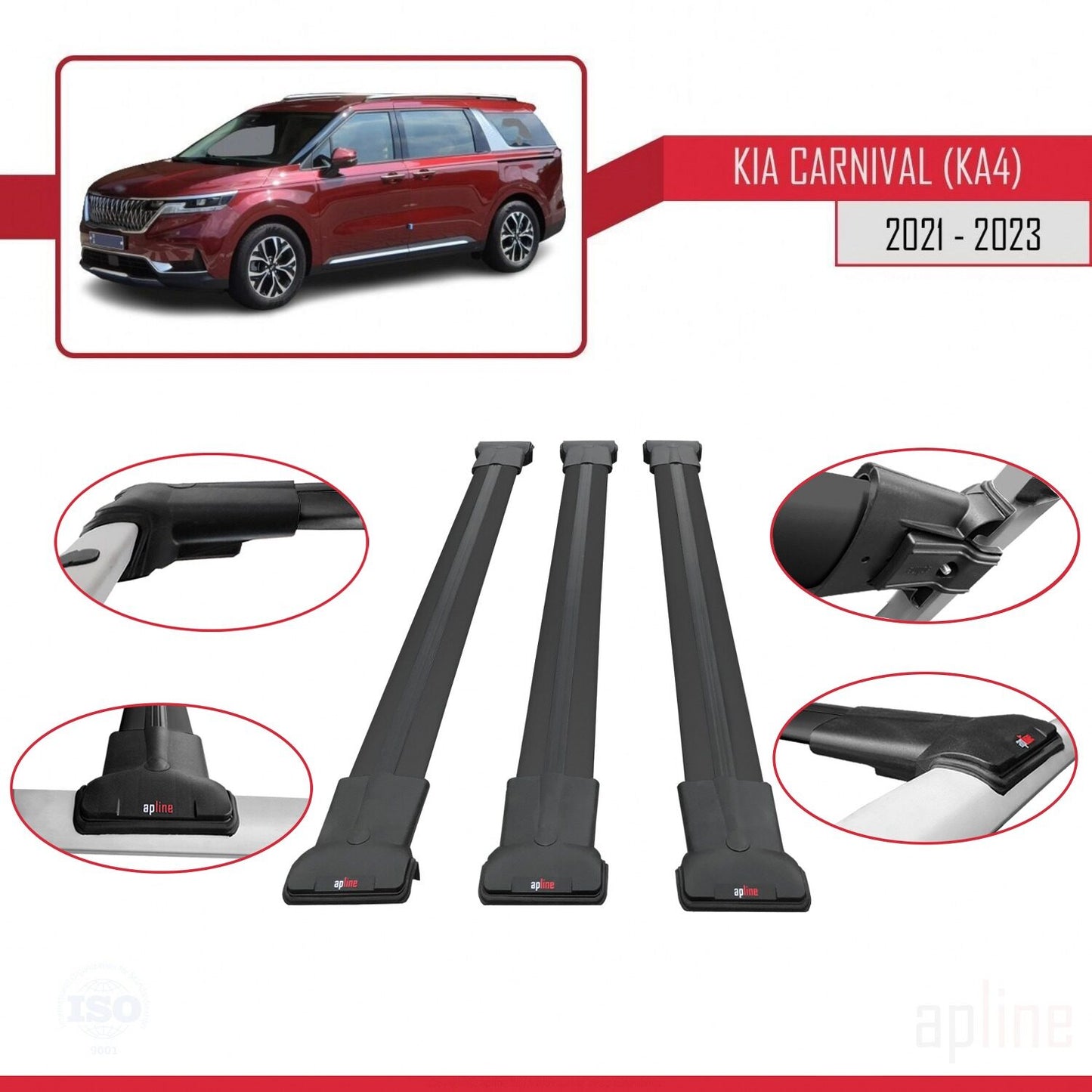 Compatible avec Kia Carnival 4 (KA4) 2021-2023 FLY Model Barres de Toit Railing Porte-Bagages de Voiture Noir Aluminium 3 Barres