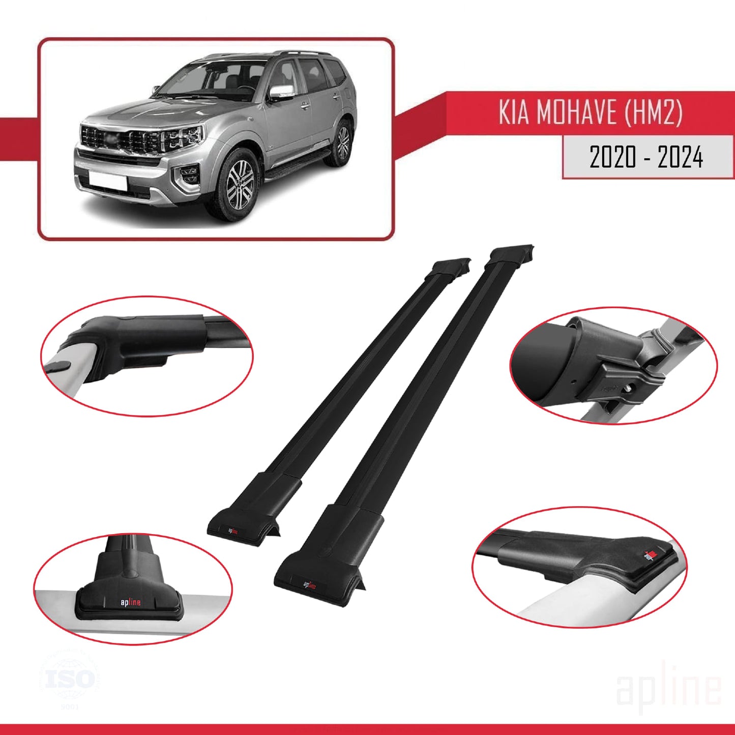 Compatible avec Kia Mohave 2 (HM2) 2020-2024 FLY Model Barres de Toit Railing Porte-Bagages de Voiture Noir Aluminium 2 Barres