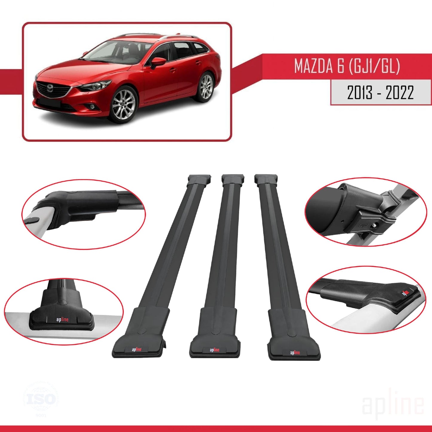 Compatible with Mazda 6 III (GJ1/GL) 2013-2022 FLY Model Car Roof Rack Cross Bar Black Aluminium 3 Bars