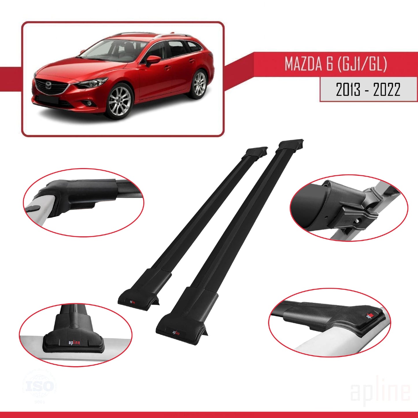 Compatible with Mazda 6 III (GJ1/GL) 2013-2022 FLY Model Car Roof Rack Cross Bar Black Aluminium 2 Bars