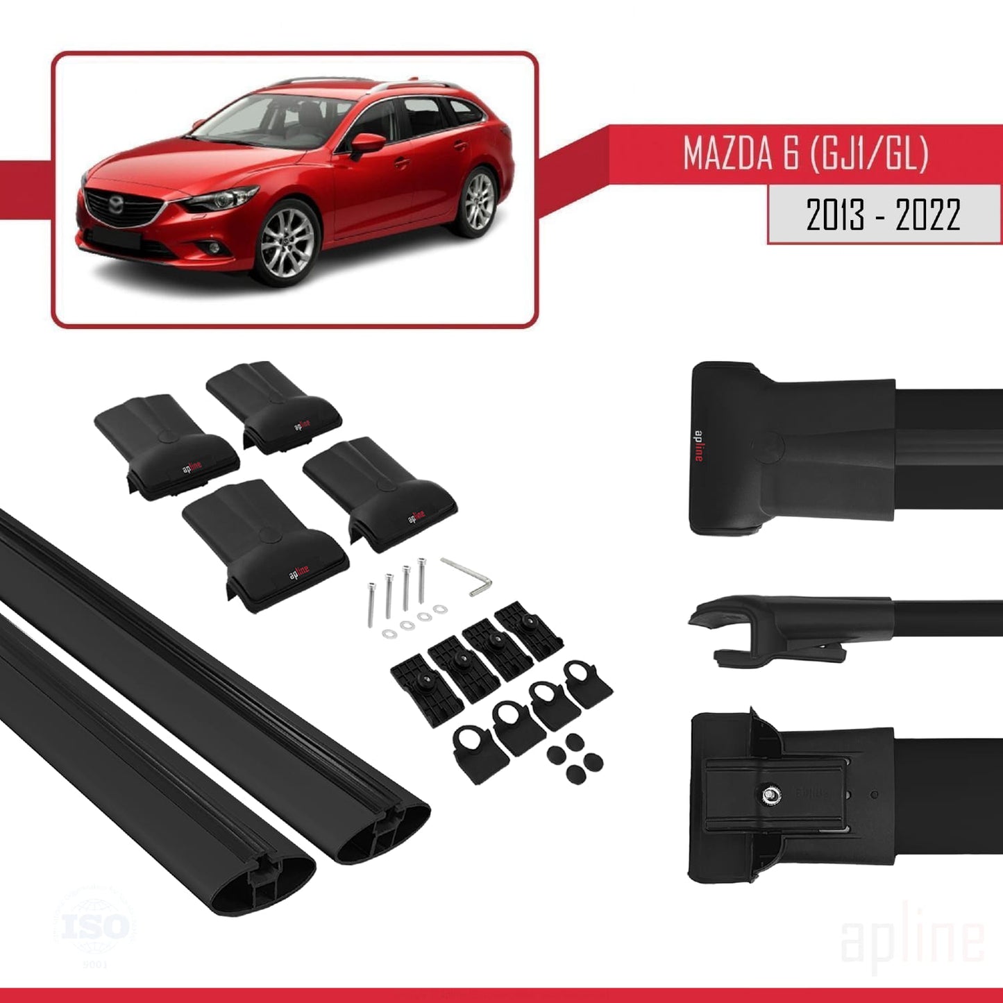 Compatible with Mazda 6 III (GJ1/GL) 2013-2022 FLY Model Car Roof Rack Cross Bar Black Aluminium 2 Bars