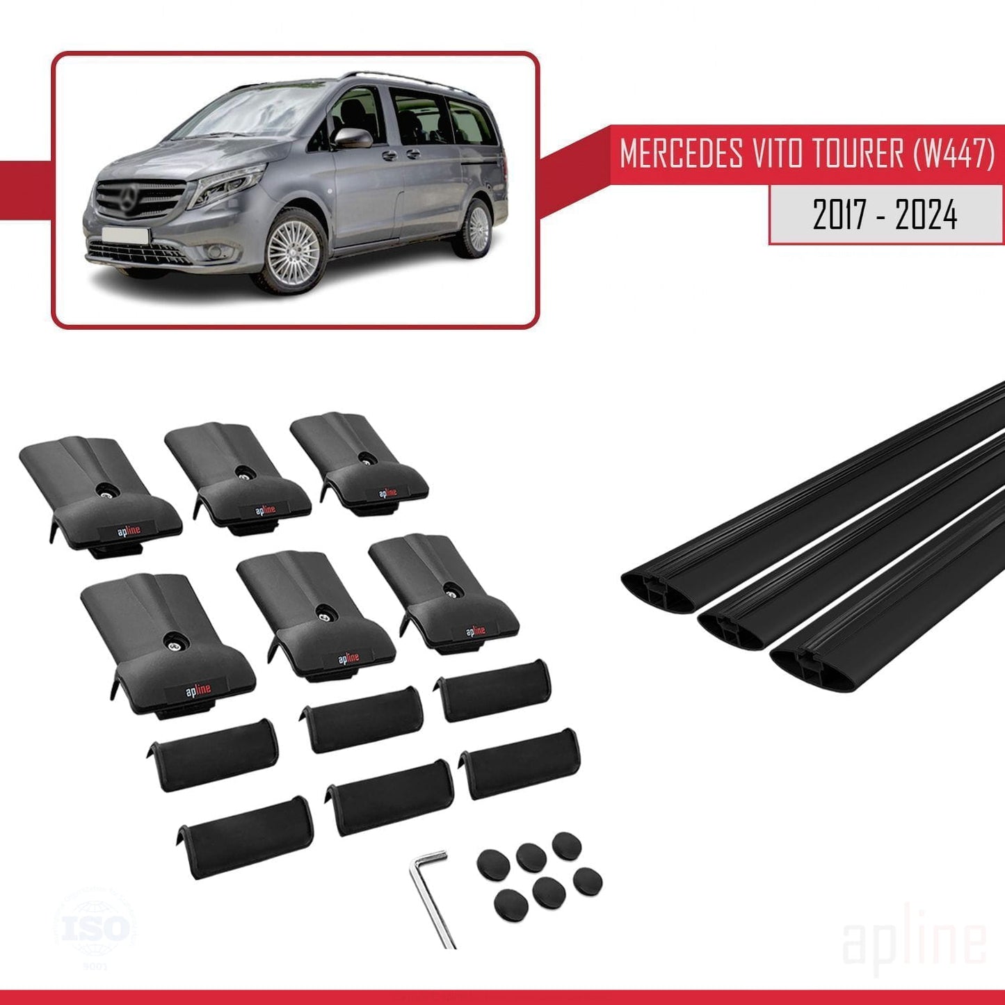 Compatible avec Mercedes Vito Tourer (W447) 2014-2025 FLY Model Barres de Toit Railing Porte-Bagages de Voiture Noir Aluminium 3 Barres