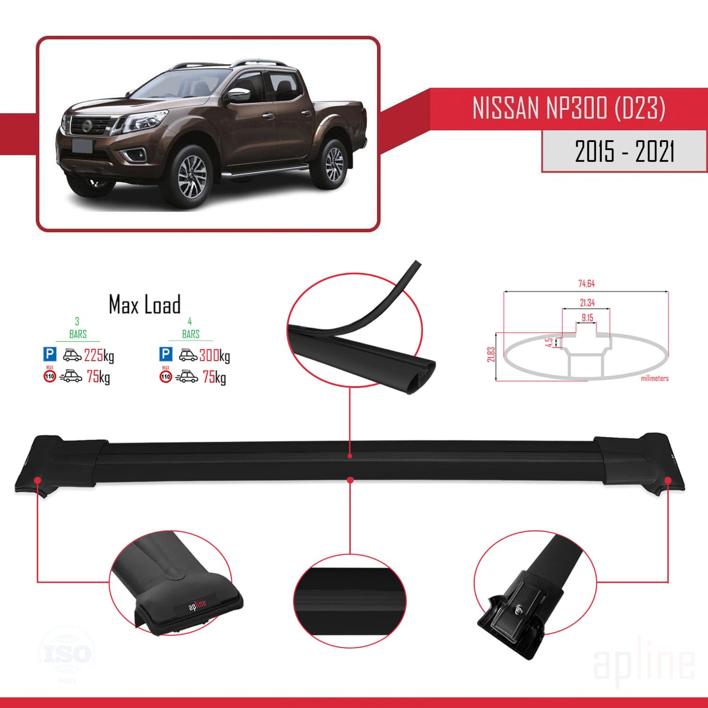 Compatible avec Nissan NP300 (D23) 2015-2021 FLY Model Barres de Toit Railing Porte-Bagages de Voiture Noir Aluminium 3 Barres