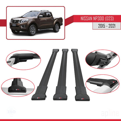 Compatible avec Nissan NP300 (D23) 2015-2021 FLY Model Barres de Toit Railing Porte-Bagages de Voiture Noir Aluminium 3 Barres