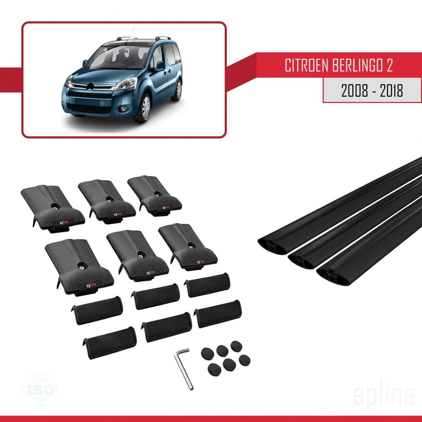 Compatible avec Citroen Berlingo 2 (B9) 2008-2018 FLY Model Barres de Toit Railing Porte-Bagages de Voiture Noir Aluminium 3 Barres