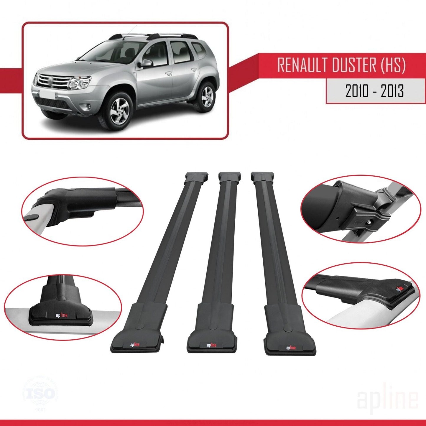 Compatible avec Renault Duster (HS) Pre-Facelift 2010-2013 FLY Model Barres de Toit Railing Porte-Bagages de Voiture Noir Aluminium 3 Barres