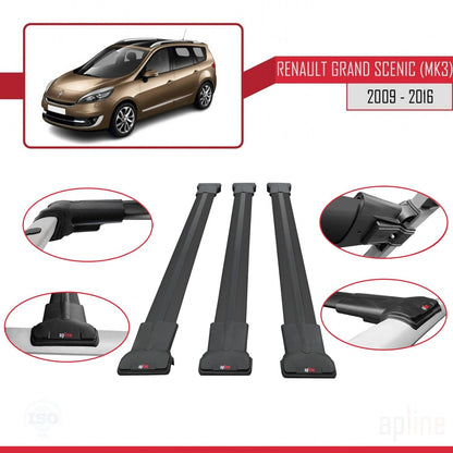 FLY Model Dakdrager bagagedrager compatibel met Renault Grand Scenic 3 2009-2016 Spoorstaven Zwart Aluminium 3 Staven