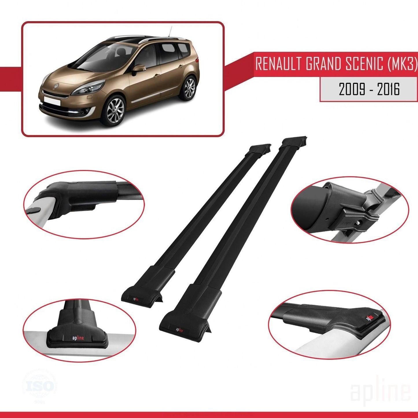Compatible with Renault Grand Scenic 3 2009-2016 FLY Model Car Roof Rack Cross Bar Black Aluminium 2 Bars