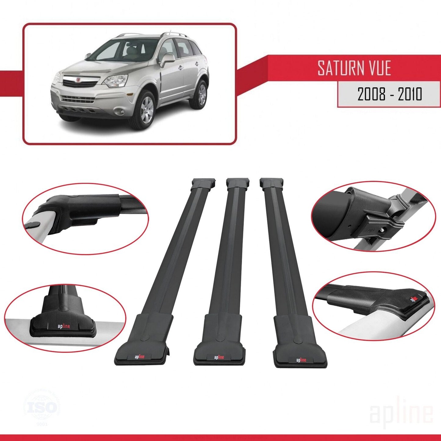 FLY Model Dakdrager bagagedrager compatibel met Saturn Vue 2 2008-2010 Spoorstaven Zwart Aluminium 3 Staven