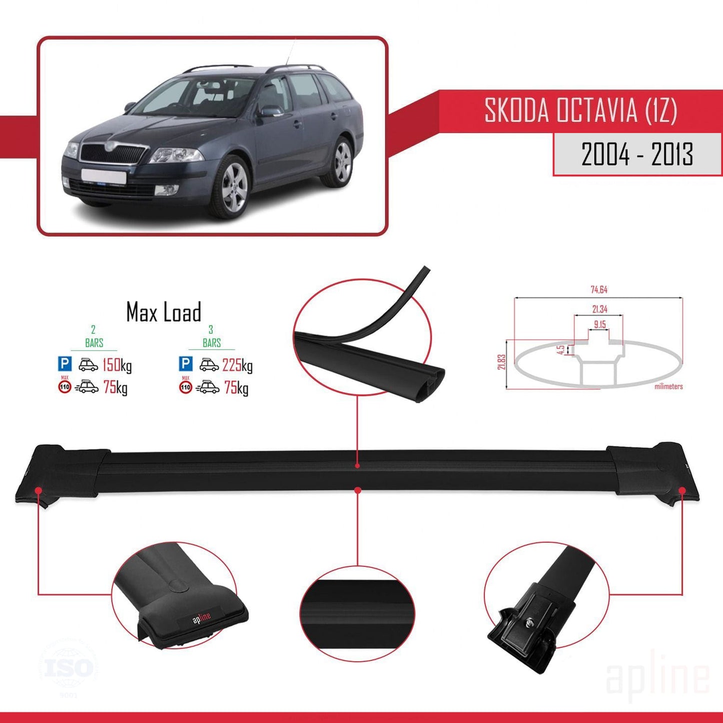 Compatible avec Skoda Octavia 2 (1Z) 2004-2013 FLY Model Barres de Toit Railing Porte-Bagages de Voiture Noir Aluminium 2 Barres