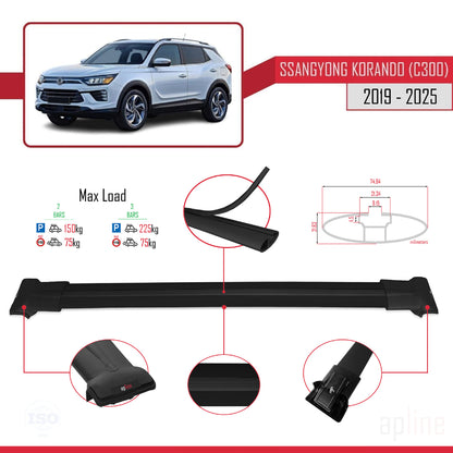 Compatible avec Ssangyong Korando 4 (C300) 2019-2025 FLY Model Barres de Toit Railing Porte-Bagages de Voiture Noir Aluminium 2 Barres