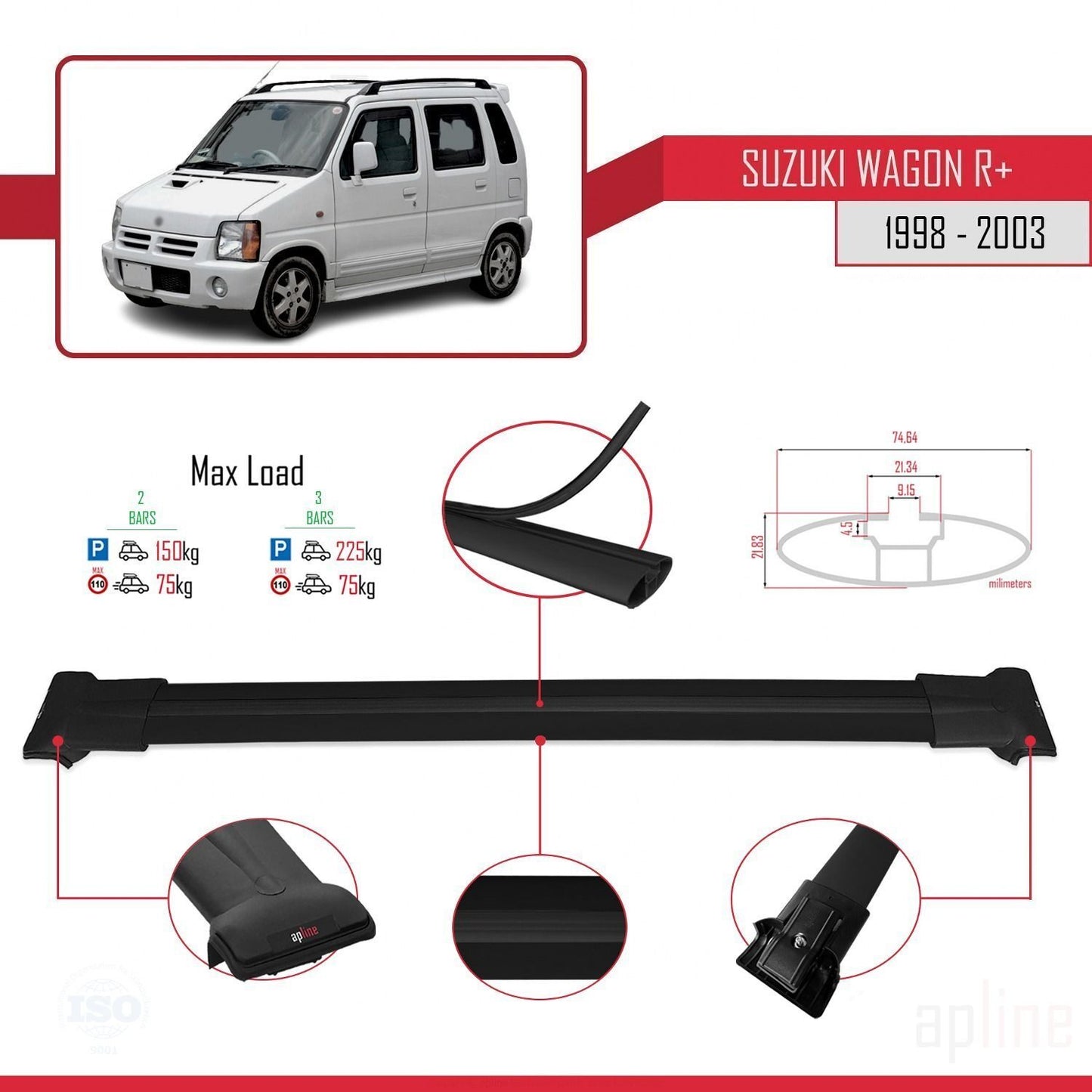 Compatible avec Suzuki Wagon R+ 1998-2003 FLY Model Barres de Toit Railing Porte-Bagages de Voiture Noir Aluminium 2 Barres
