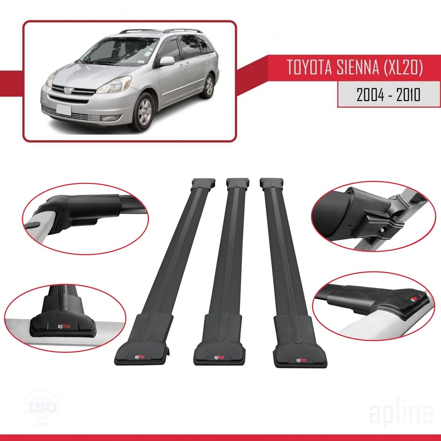 Compatible avec Toyota Sienna 2 (XL20) 2004-2010 FLY Model Barres de Toit Railing Porte-Bagages de Voiture Noir Aluminium 3 Barres