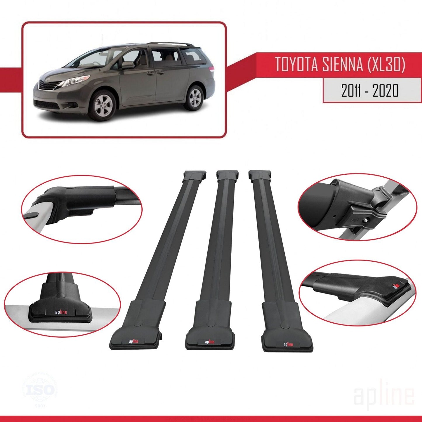 Compatible avec Toyota Sienna 3 (XL30) 2011-2020 FLY Model Barres de Toit Railing Porte-Bagages de Voiture Noir Aluminium 3 Barres