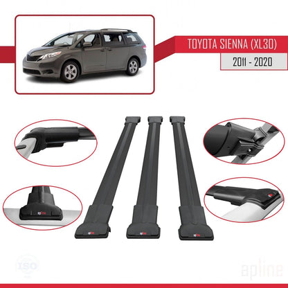 Compatible avec Toyota Sienna 3 (XL30) 2011-2020 FLY Model Barres de Toit Railing Porte-Bagages de Voiture Noir Aluminium 3 Barres