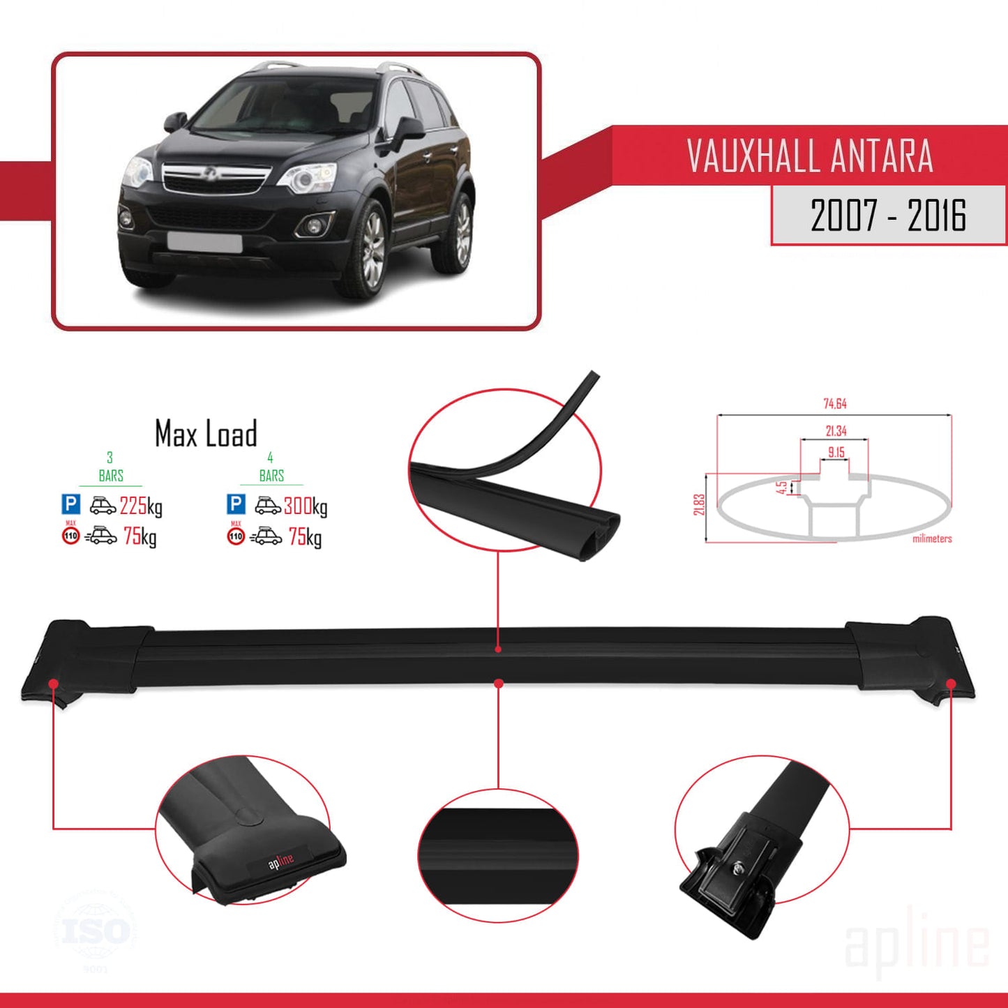 Compatible avec Vauxhall Antara 2007-2016 FLY Model Barres de Toit Railing Porte-Bagages de Voiture Noir Aluminium 3 Barres
