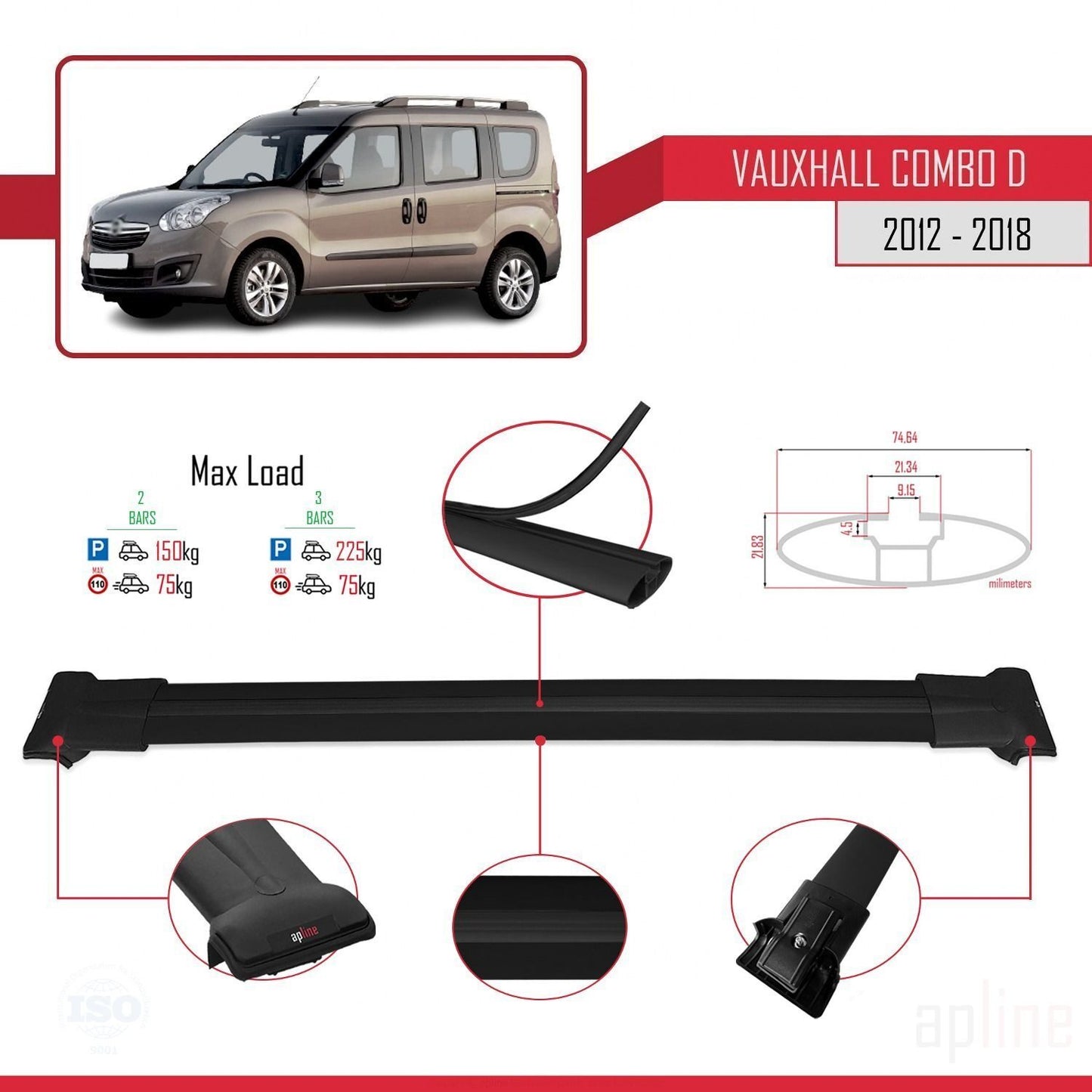 Compatible avec Vauxhall Combo D 2012-2018 FLY Model Barres de Toit Railing Porte-Bagages de Voiture Noir Aluminium 2 Barres