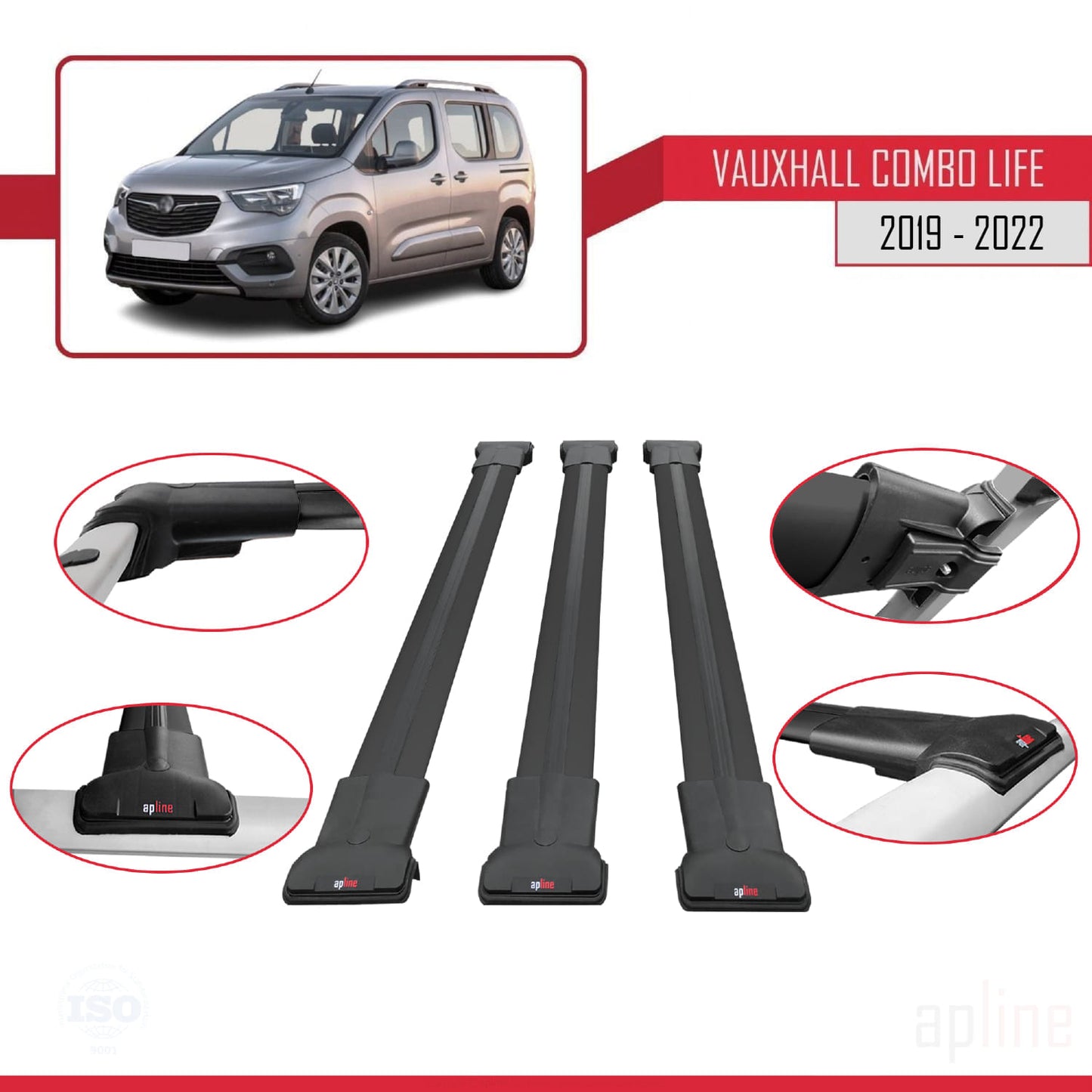 Compatible avec Vauxhall Combo E Life 2019-2022 FLY Model Barres de Toit Railing Porte-Bagages de Voiture Noir Aluminium 3 Barres
