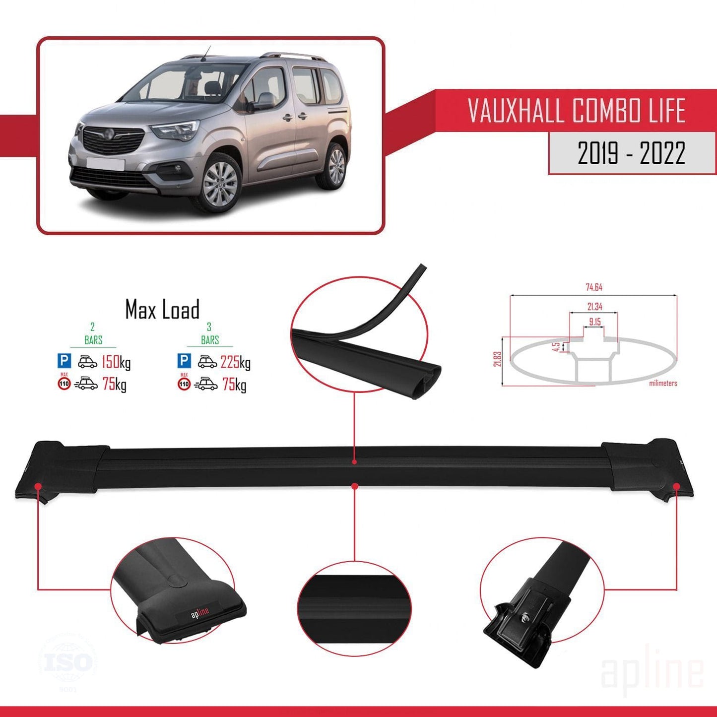 Compatible avec Vauxhall Combo E Life 2019-2022 FLY Model Barres de Toit Railing Porte-Bagages de Voiture Noir Aluminium 2 Barres