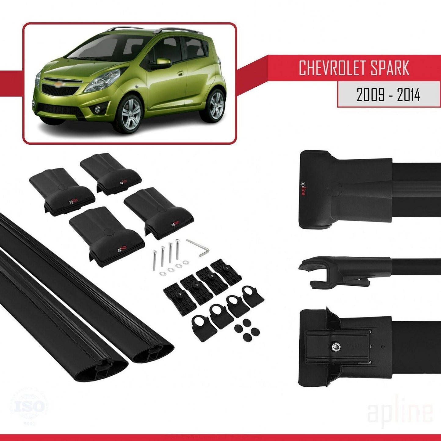 Compatible avec Chevrolet Spark (M300) 2009-2014 FLY Model Barres de Toit Railing Porte-Bagages de Voiture Noir Aluminium 2 Barres