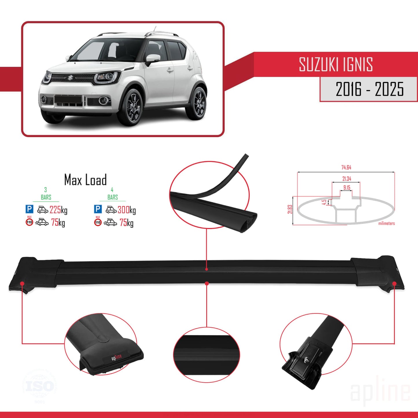 Compatible avec Suzuki Ignıs 2016-2025 FLY Model Barres de Toit Railing Porte-Bagages de Voiture Noir Aluminium 3 Barres