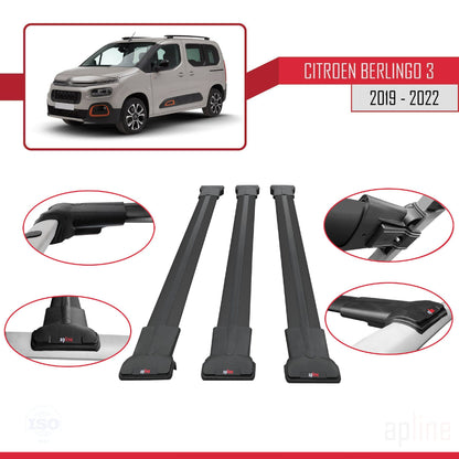 Compatible avec Citroen Berlingo 3 (K9) 2019-2022 FLY Model Barres de Toit Railing Porte-Bagages de Voiture Noir Aluminium 3 Barres