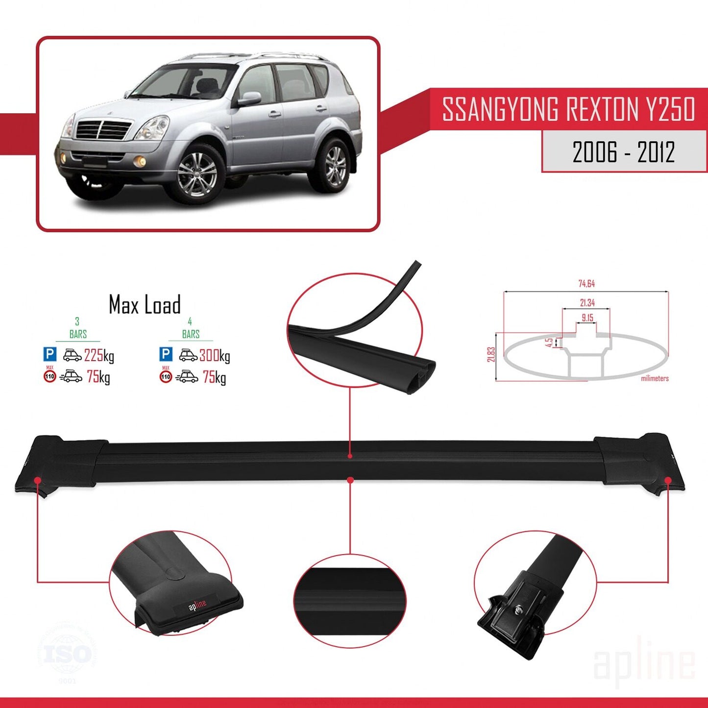 Compatible avec Ssangyong Rexton (Y250) 2006-2012 FLY Model Barres de Toit Railing Porte-Bagages de Voiture Noir Aluminium 3 Barres